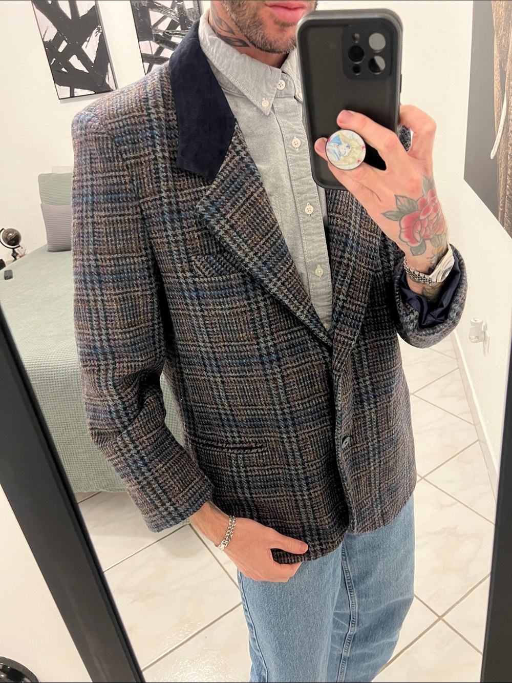 True Vintage Plaid Wool Blazer with Navy Velvet Collar